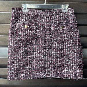Loft Tweed Like Plum Sparkle Pocket Gold Button Skirt Size 8